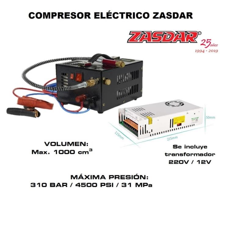 Compresor Electrico ZASDAR 12v/220v para PCP 300 bar.1000cc. (4500PSI/30MPH) - Imagen 1