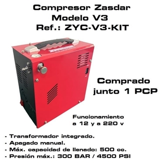 KIT Compresor Eléctrico ZASDAR V3 a 12 v/220 v. PCP 300 BAR. Transformador incluido. Parada manual. - Imagen 1