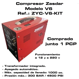 KIT Compresor Eléctrico ZASDAR V6 con 1 PCP. 12 v/220 v. PCP 300 BAR. Transf. incluido. Parada auto. - Imagen 1