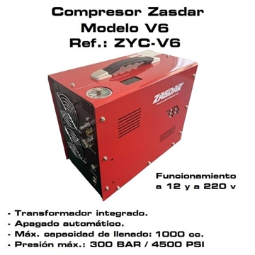 KIT Compresor Eléctrico ZASDAR V6 con 1 PCP. 12 v/220 v. PCP 300 BAR. Transf. incluido. Parada auto. - Imagen 1