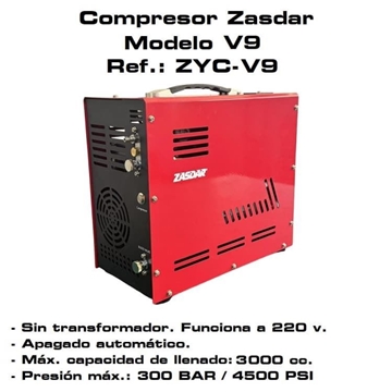 KIT Compresor Eléctrico ZASDAR V9 con 1 PCP. 220 v. PCP 300 BAR. Parada automática. - Imagen 1
